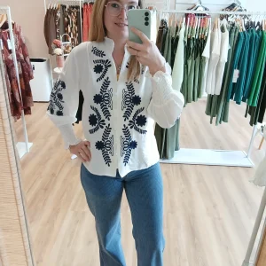 Chemise Iris Brodée Fleurie Bleu Marine - 100% Coton