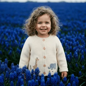 Gilet bébé en maille avec animaux – Girafe et éléphant brodés