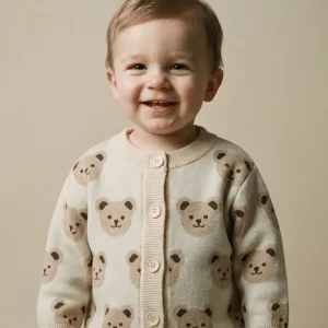 Cardigan bébé ourson en maille – Doux & facile à enfiler